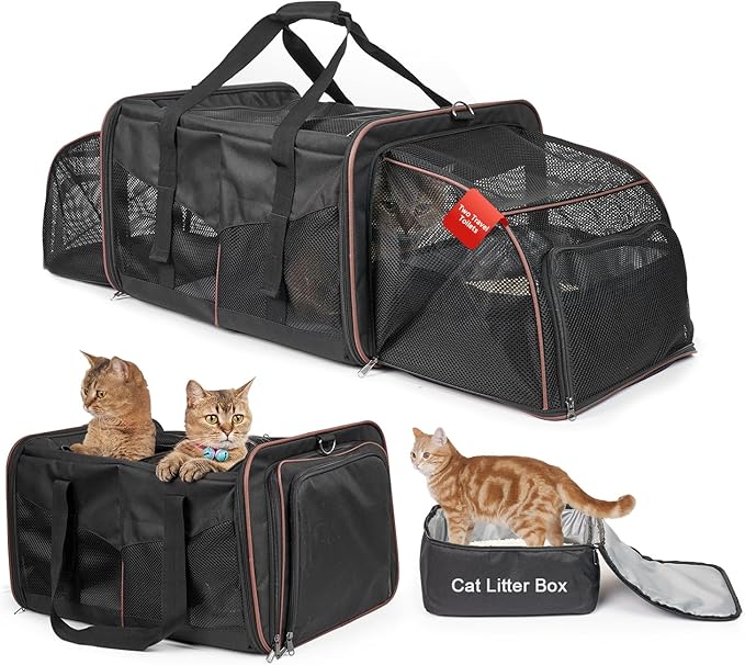 Expandable Cat Carrier for 2 Cats, Double Compartment Large Pet Carrier for Long Distance Car Travel, Includes 2 Portable Litter Boxes, Foldable Multi-Cat Travel for Road Trips & Camping, Black
