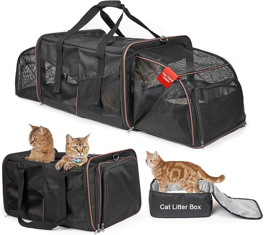 Expandable Cat Carrier for 2 Cats, Double Compartment Large Pet Carrier for Long Distance Car Travel, Includes 2 Portable Litter Boxes, Foldable Multi-Cat Travel for Road Trips & Camping, Black
