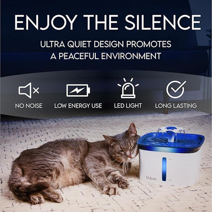 Veken Innovation Award Winner 95oz/2.8L Pet Fountain, Automatic Cat Water Fountain Dog Water Dispenser with 6 Replacement Filters & Silicone Mat for Cats, Dogs (Blue, Plastic)