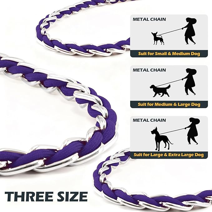 Chain Dog Leash Chew Proof Metal Leash for Medium Large Dogs, Chain Link Dog Anti Chew 5.2FT / 4FT Strong Anti Bite Comfortable Soft Padded Handle (Purple, 4FT（80-150lb）)