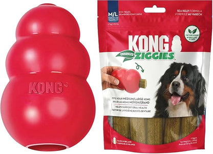 KONG Classic Toy & Enhanced Ziggies Treats Combo Pack - Durable Chew Toy for Dogs - with Enhanced Ziggies Treats - Dog Accessories for Fun & Health - for Large Dogs