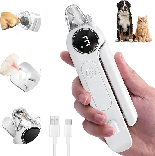 2-in-1 Dog Nail Clippers & Grinder with Light, Quiet Electric Pet Nail Trimmer for Large Medium Small Dogs & Cats, 3 Speeds, Rechargeable, Splash Guard & Safety Lock, Painless Grooming Tool (White)