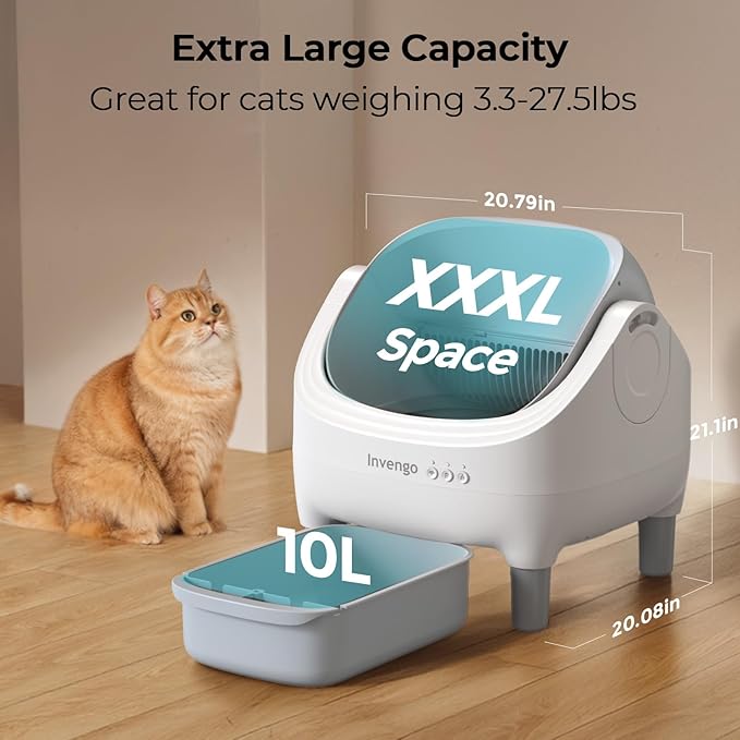 Automatic Cat Litter Box Self Cleaning, App Control, Open-Top Automatic Litter Box with Safety Sensors, Ultra-Quiet, 10.5L Waste Bin with Odor Control, 2 Rolls of Garbage Bags, LightGrey