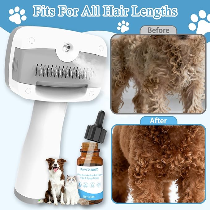 Pet Steam Brush for Dogs & Cats – Self Cleaning, 3 in 1 Hair Removal Comb Steam for Shedding & Dematting for Long & Short Haired Pets,Includes Pet Essence