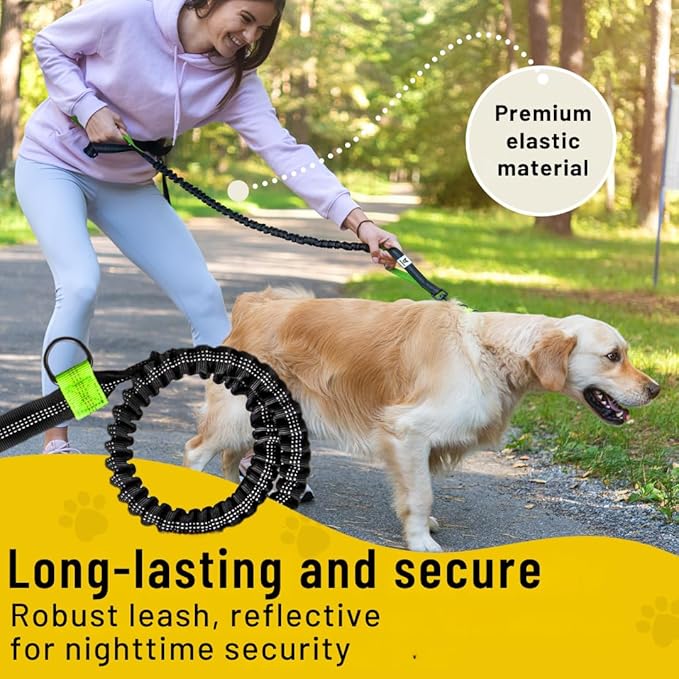 Hundefreund Hands-Free Dog Leash Replacement Bungee (47–67”) – Extension for Medium & Large Dogs – Shock-Absorbing with Dual Handles & Reflective Stitching (Green)