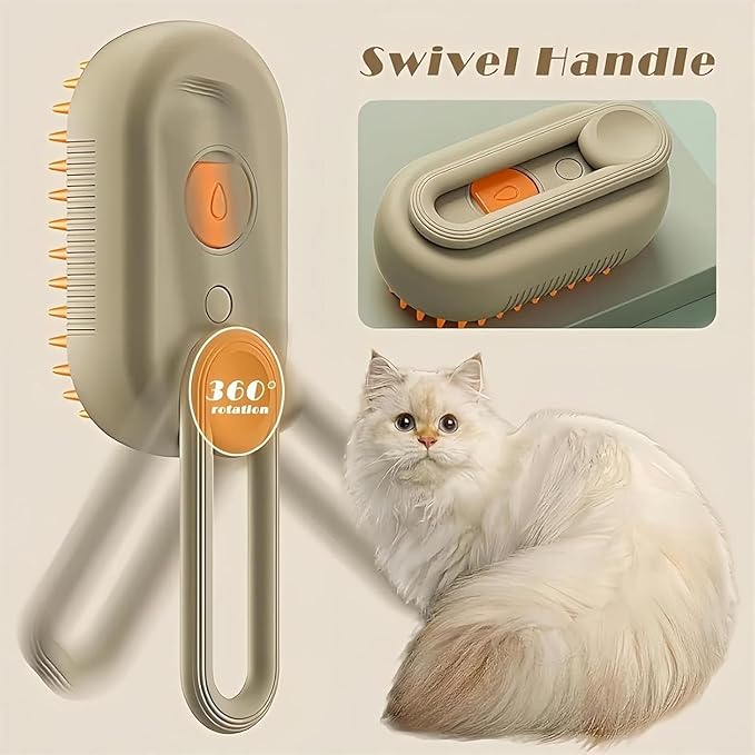 Cloud Care 3-in-1 Self-Cleaning Cat Brush - 360 Rotating Arm, Detachable Silicone Bristle Head (Brown)