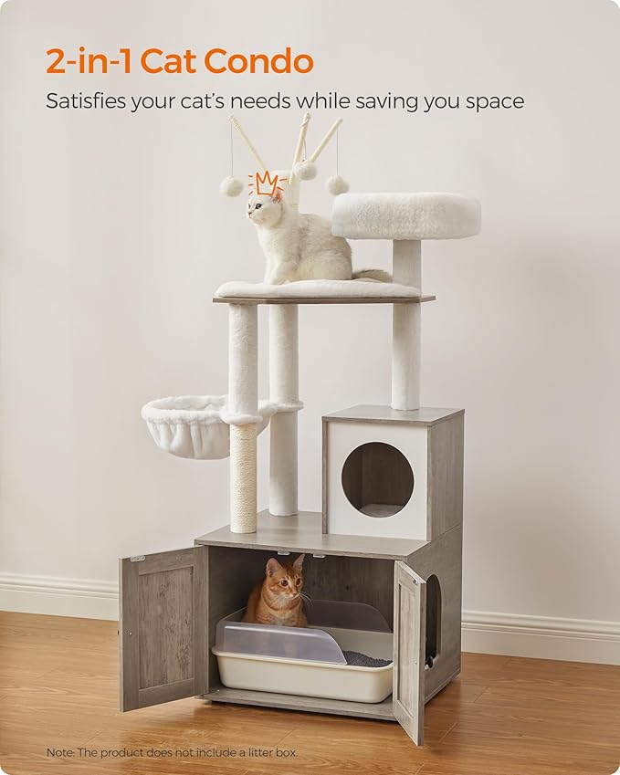 Feandrea Cat Tree with Litter Box Enclosure, 59-Inch Modern Cat Tower, 2-in-1 Condo with Scratching Posts, Washable Removable Cushion, Greige UPCT113G01