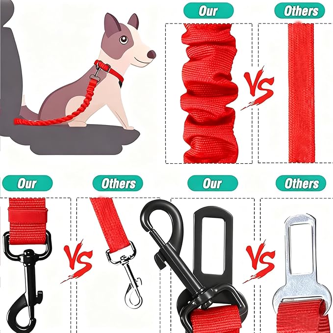 Dog Seat Belt for Car, Retractable Adjustable Nylon Pet Seatbelts for Vehicle Headrests, Elastic & Durable Car Harness, Dogs Leash Accessories for Bicycles (Only Leash Red)