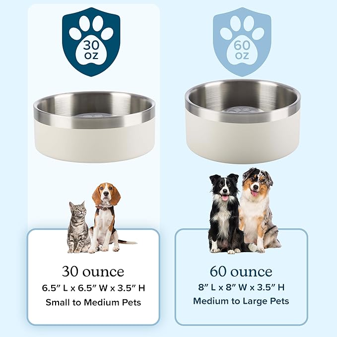 Set of 2 Stainless Steel Slow Feeder Dog Bowls - 30oz or 3.75 Cups Double Wall Insulated Food and Water Bowls for Dogs - Non Slip Metal Pet Dishes for Small-Medium Sized Pets PETMAKER (Cream)
