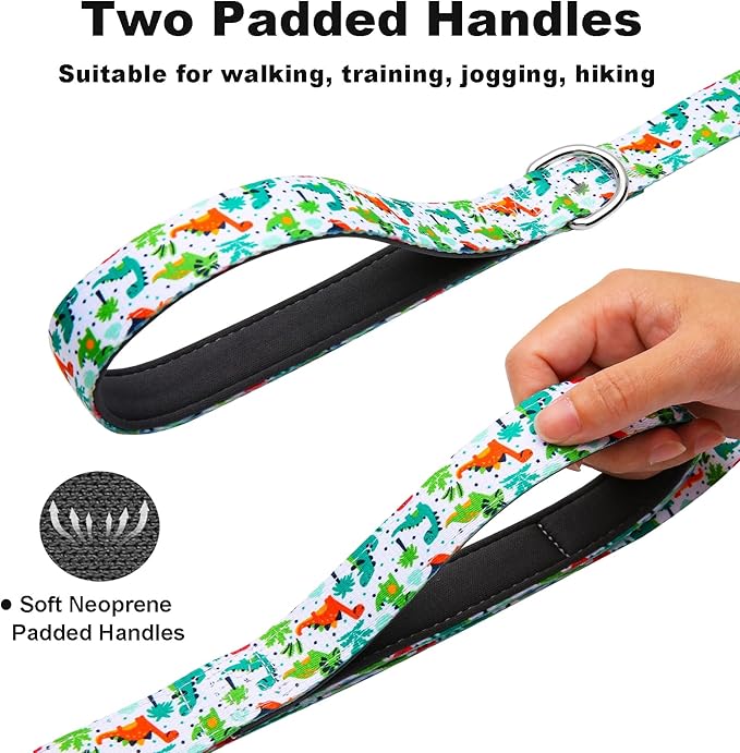 6 Foot Dog Leash for Medium Large Dogs, Double Handle Dog Leash with Padded Traffic Control Handles, Walking Training Lead, Dinosaur