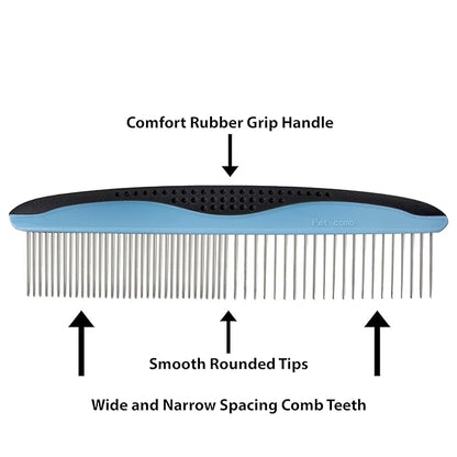 Pet Metal Comb for Dogs and Cats (2-Pack) - Stainless Steel Rounded Teeth for Painless Detangling - Dual-Spacing for Small & Large Pets with Comfort Grip Handle - Professional Grooming Tools