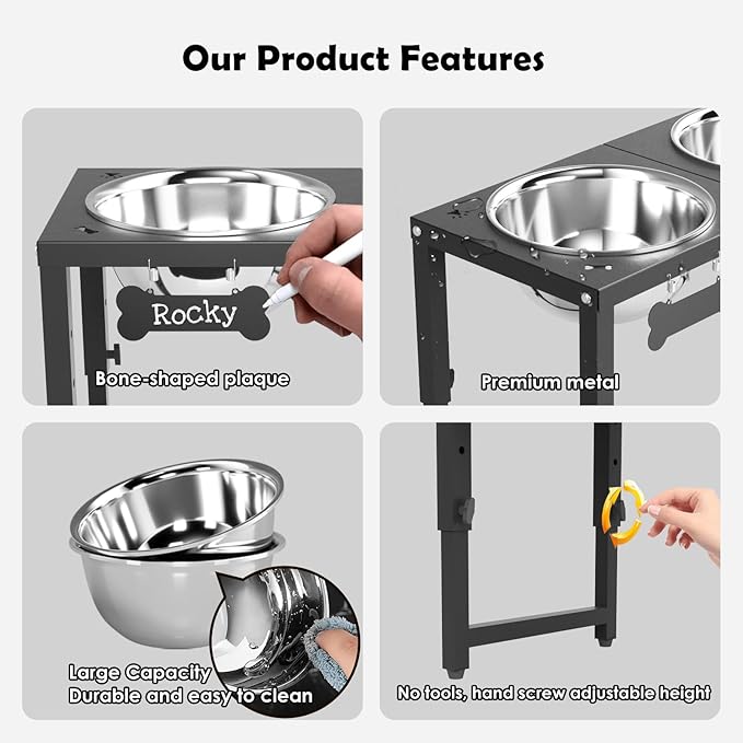 Adjustable Height Elevated Dog Bowls Stand, 2 x 58oz Stainless Steel Raised Dog Food & Water Bowls Holder for Medium, Large, Tall Dogs, Black