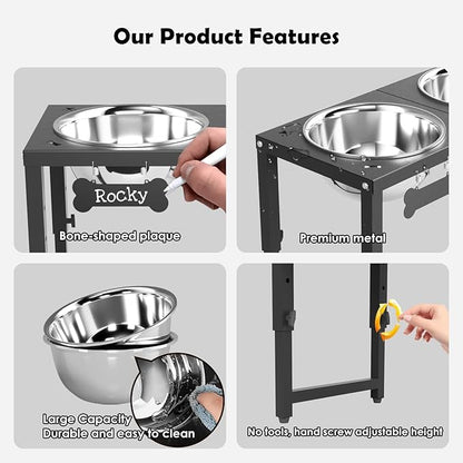 Adjustable Height Elevated Dog Bowls Stand, 2 x 58oz Stainless Steel Raised Dog Food & Water Bowls Holder for Medium, Large, Tall Dogs, Black