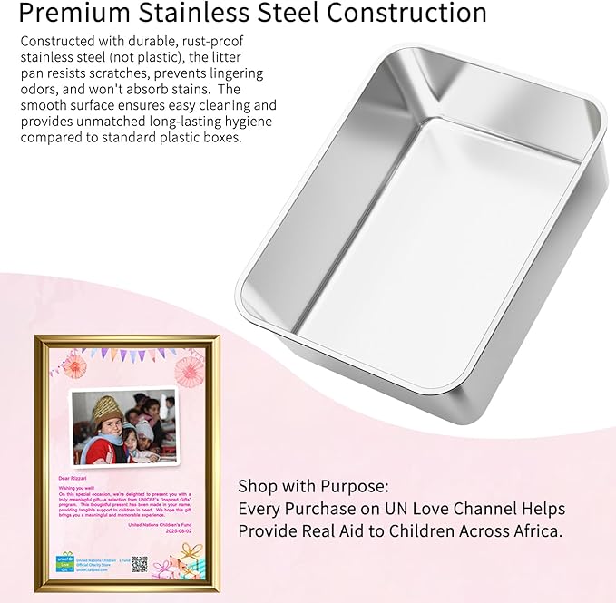 RIZZARI Cat Litter Box: Pink Stainless Steel Won’t Trap Odors - Easy Rinse Clean Non-Porous - Open Top Design - 11.6" High Sides - 17.3"x13.5" - with Scoop - Studio Apartment/Bathroom