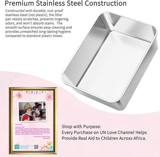 RIZZARI Cat Litter Box: Pink Stainless Steel Odor Control Pan - Easy Clean Non-Porous - 11.6" High Sides Anti-Scatter - Open Top for Fast Scooping - with Scoop - Apartment Bathroom/Laundry Room