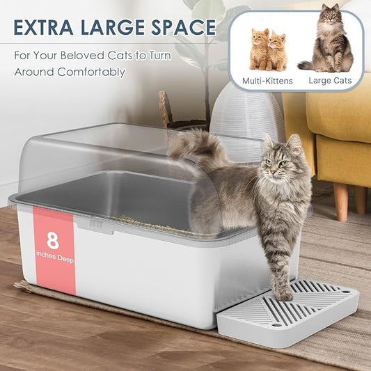 2 Pack 8" Deep Stainless Steel Litter Box with Lid, Extra Large & Deep Stainless Steel Cat Litter Box for Multipul Cats, Metal Litter Pan with Anti-Leakage High Wall, Litter Pan Easy Cleaning