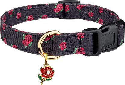Cotton Handmade Dog Collar Cute and Distinctive Patterns Black Rose with Pendant for Girl Boy Dogs Collars S
