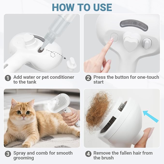 Pet Steam Brush for Cat & Dog, 5-in-1 Pet Spray Hair Removal Comb for Reducing Shedding, Grooming Brush for Long Short Haired Cat & Dog, No-Rinse Foaming Cleanser for Cleaning Paw