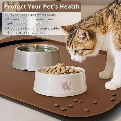 Silicone Pet Food Mat with Raised Edge for Food and Water Bowl, Dog Feeding Mats, Cat Food Trays for Floor Waterproof, Rubber Tray for Dogs and Cats, 19 x 12 x 0.7 Brown