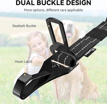Pawaboo 2Pack Dog Seatbelt for Car,3-in-1 Dog Car Seat Belt Bungee,Shockproof Dogs Tether for Cars with Buckle&Hook Latch, Adjustable Reflective Dogs Cars Harness Leash with 360° Lockable Buckle,Black