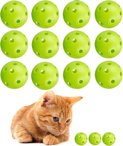 12Pcs Cat Ball Toy, Low Noise No Bells Holey Plastic Cat Balls, Funny Interactive Cats Toys for Indoor Cats, Firm Toy Balls for Kitten Puppy Ferret Bird (1.65", Green)