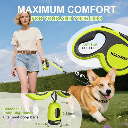Upgraded Retractable Dog Leash 16.4ft' - Heavy Duty Reflective Retractable Leash with Anti-Slip Soft Grip - Detachable Poop Bag and Chew Proof Cable Included Small Medium Large Dogs up to 110 lbs