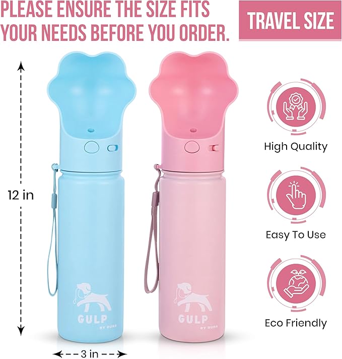 Duna Gulp 18oz Dog Travel Water Bottle with Paw-Shaped Bowl - Insulated Stainless Steel, Leakproof & Portable with Carry Strap for Outdoor Walking, Hiking & Pet Hydration on-the-Go - Pink