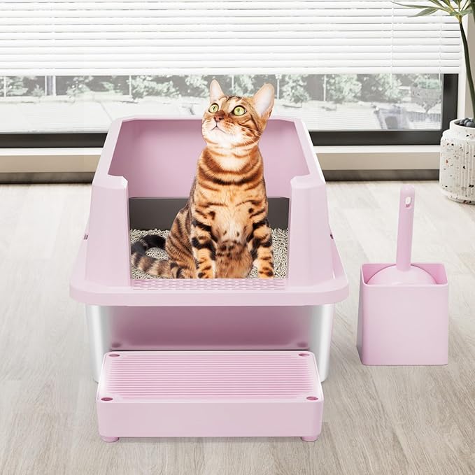 RIZZARI Large Cat Litter Box: Pink Heavy-Duty 304 Stainless Steel Open Pan - High Sides Prevent Leaks - Odor-Free & Easy Clean - Teflon Non-Stick Coating - Ideal for Big Cats in Apartments & Bathrooms