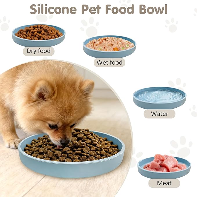 VCEPJH 2 Pack Silicone Dog Plates for Food Shallow Pet Bowl Flat Puppy Food Bowl Whisker Fatigue Cat Feeding Bowls Noiseless Dishes for Dry and Wet Food (Round Blue)