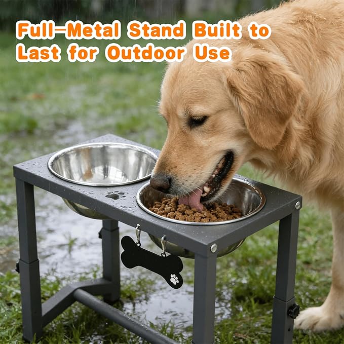 Elevated Dog Bowls, 4 Height Adjustable Metal Raised Bowl Stand with 2 Thick Stainless Steel Food Bowls & Spill-Proof Mat, Adjusts to 13.6'', 12.2'', 10.9'', 9.5'' for Large/Medium Breeds