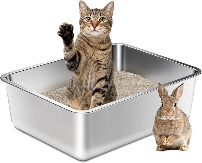 Stainless Steel Litter Box for Cats, Metal Cat Litter Box Non-Stick and Easy to Clean, High Sided Litter Pan for Kitten, Rabbit, and Small Pets