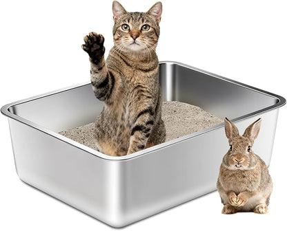 Stainless Steel Litter Box for Cats, Metal Cat Litter Box Non-Stick and Easy to Clean, High Sided Litter Pan for Kitten, Rabbit, and Small Pets
