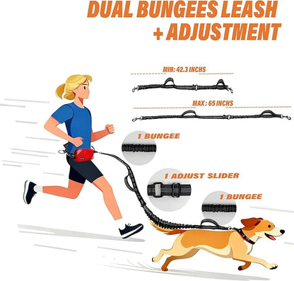 Hands Free Dog Leash with Waterproof Pouch, Adjustment Bungee Leash with Dual Soft Padded Handles for Hiking, Walking, Jogging and Running Your Dogs(Red)