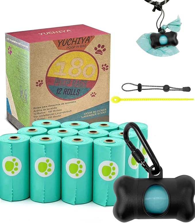 Dog Poop Pickup Bags Holder Dispenser with Standard-Sized Leak-Proof Scented Doggy Waste Bags and Carabiner with Safety Lock&Fastener Never Loose on Leash Lead Again (1 Holder 195 Bags, Black)