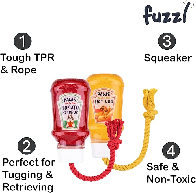 Fuzzl TPR Ketchup & Mustard TPR Rubber Dog Toy - Rope Chew Toy Set 2 - Tough Toy