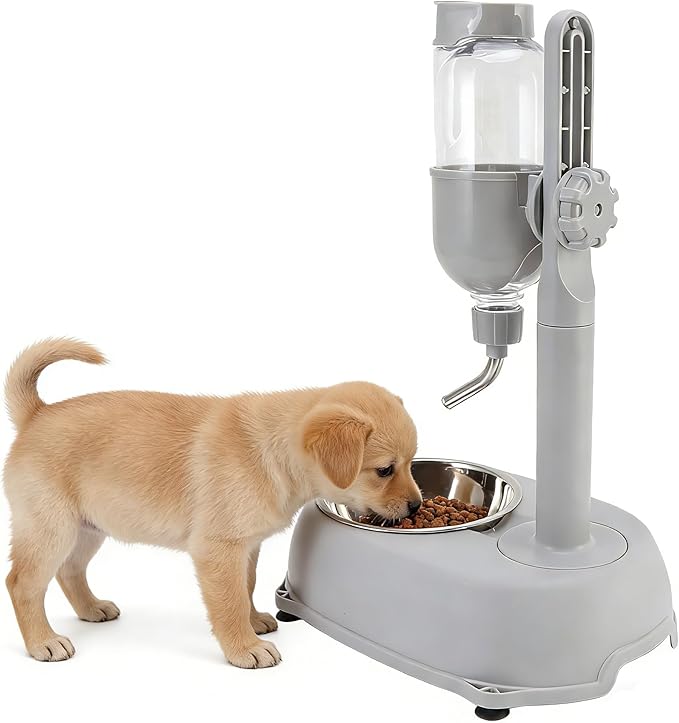 Pet Standing Water Dispenser, Multifunctional 2 in 1 Detachable Height Adjustable Small Pet Puppy Dog Kitten Bowl, Automatic Dog Water Dispenser for Puppy Dog Cat,Grey,11 x 7.7 x 15.4in