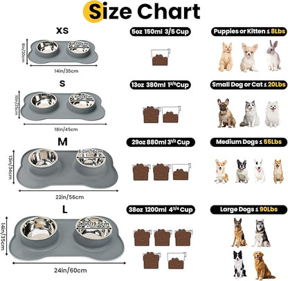 Dog Bowls with Silicone Feeding Mat,No Spill Food Water Dish Set,Dishwasher Safe,2 Stainless Steel Puppy Bowls with Dogs Bandanas,Suitable for Tiny Pets Under 8lbs,Extra Small,Grey