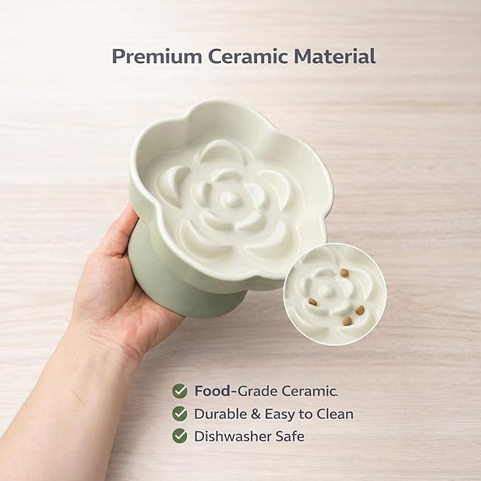 Ceramic Elevated Slow Feeder Cat Bowl, Raised and Gently Tilted Feeding Dish with Maze Design, Whisker-Friendly, Easy to Clean, for Indoor Cats and Small Dogs (Beige/Yellow)