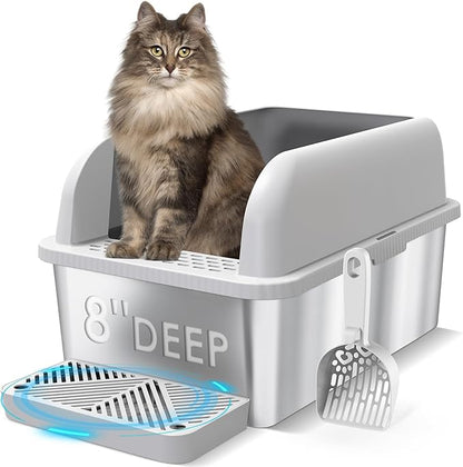 8" Deep Stainless Steel Cat Litter Box with Lid Extra Large Litter Box for Big Cats XL Metal Litter Box Pan with High Wall Sides Enclosure, Non-Sticky, Anti-Leakage, Easy Cleaning
