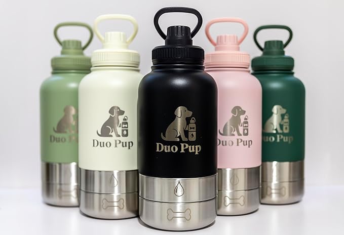 DuoPup 32oz Insulated Stainless Steel Pet Water & Food Bottle – Portable Leak-Resistant Dispenser with Two Detachable Bowls & Carrying Strap – Travel, Hiking & Outdoor Pet Hydration – White