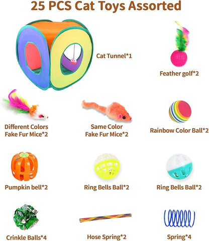 Cat Toys, 25-Pack Toy Pack for Indoor Kittens, Kitten Toys Bulk Set - Interactive Kitty Toys with Cube, Crinkle Balls, Feather Wand - Cat Tous