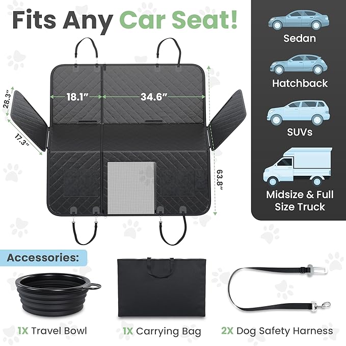 Dog Car Seat Cover for Back Seat Half or Full - 3-Way Backseat Dog Hammock for Car Hard Bottom & Anti-Slip with Safety Seatbelts, Bowl - 63.8x52.7 Pet Backseat Cover for SUV, Sedans, Trucks