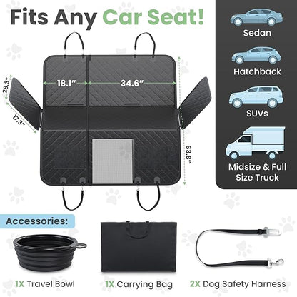 Dog Car Seat Cover for Back Seat Half or Full - 3-Way Backseat Dog Hammock for Car Hard Bottom & Anti-Slip with Safety Seatbelts, Bowl - 63.8x52.7 Pet Backseat Cover for SUV, Sedans, Trucks