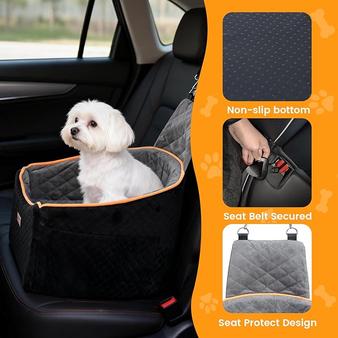 Babyboat Dog Car Seat for Small & Medium Dog Adjustable Height Pet Booster Car Seat with 2 Cushion Up to 30lbs Detachable Travel Pet Bed with Remove Cover, Storage Pockets - Black
