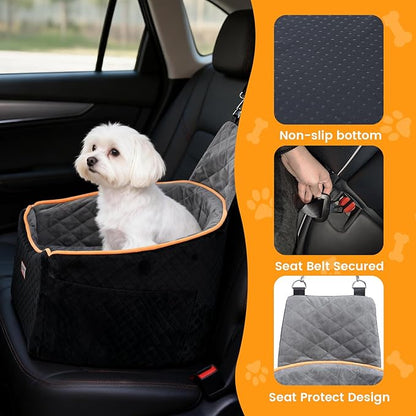 Babyboat Dog Car Seat for Small & Medium Dog Adjustable Height Pet Booster Car Seat with 2 Cushion Up to 30lbs Detachable Travel Pet Bed with Remove Cover, Storage Pockets - Black