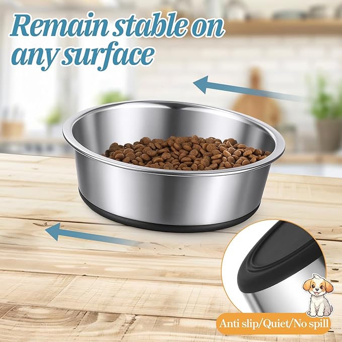 3 Pack Stainless Steel Dog Bowls, 64oz/3 Cups Silicone Base Anti-Slip Dog Metal Bowls, Food and Water Pet Bowls for Small, Medium Dogs and Cats, Dishwasher Safe