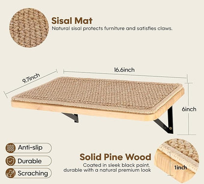 2PCS Cat Wall Shelves with Scratching Mat, 16.6x9.7 Inch Cats Wall Furniture, Solid Pine Wood Kitten Wall Mounted Floating Shelf, Window Perch Hammock for Pets Sleeping, Playing, Climbing
