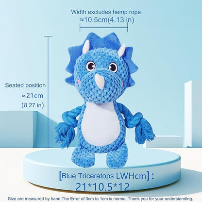 Cute Animals Interactive Squeaky Dog Toy with a Vocal Bladder, Crinkle Paper Stuffed Soft Cotton Chew Toy, Teething Rope Tug of War Pull Toy to Keep Them Busy for Puppy, Small Dogs - Blue Triceratops
