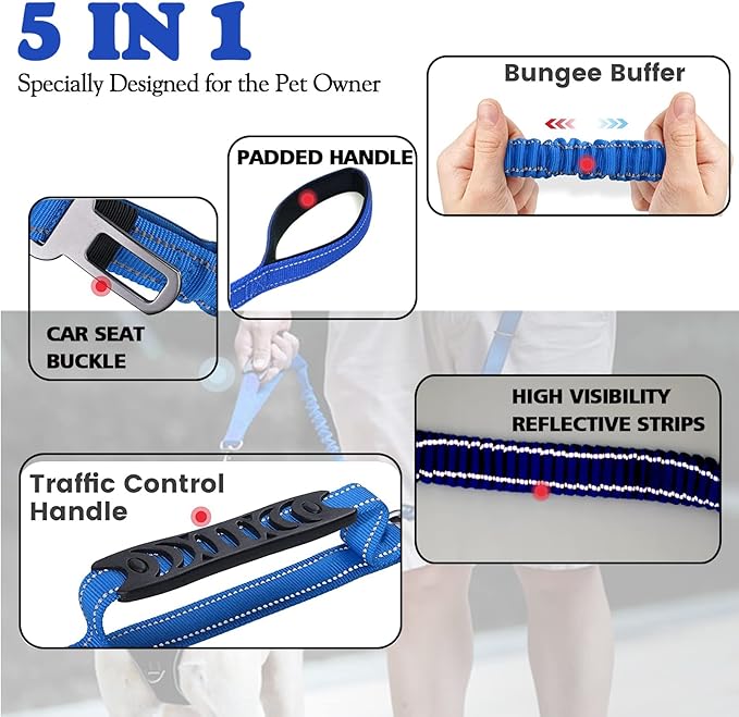 Heavy Duty Dog Leash for Large Dogs, 4-6FT Traffic Padded 2 Handles for Extra Control, Strong Shock Absorbing Bungee with Car Safety Buckle, Reflective for Night Walking