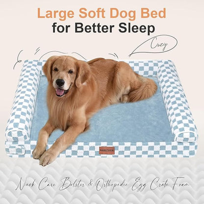 Large Dog Bed Orthopedic Washable: Beds Bolster XL Bed Large Big Dogs Egg Crate Foam Couch Sofa Waterproof with Removable Cover - Blue Grid